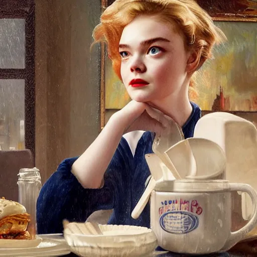 Image similar to Elle Fanning at a diner, head and shoulders portrait, stormy weather, extremely detailed masterpiece, Roger Deakin’s cinematography, oil on canvas, Norman Rockwell,