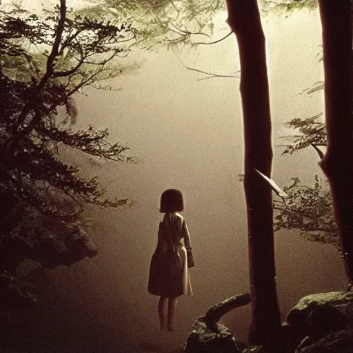 Image similar to a film still of an unsettling but beautiful female yokai haunting the depths of a Japanese forest, lighting by sven nykvist