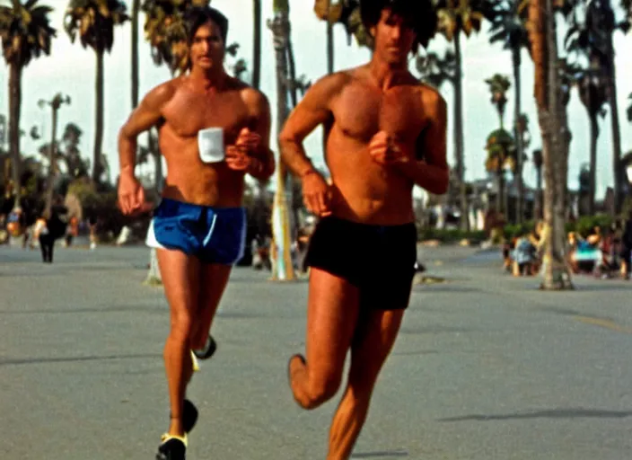 Prompt: color photo. handsome man jogging in the 8 0's. venice beach