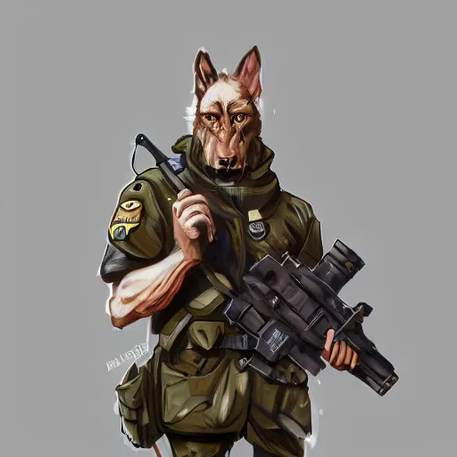 Image similar to a humanoid german shepherd beast - man in military style, holding a bottle of beer, artstation, concept art, smooth, sharp foccus ilustration, artstation