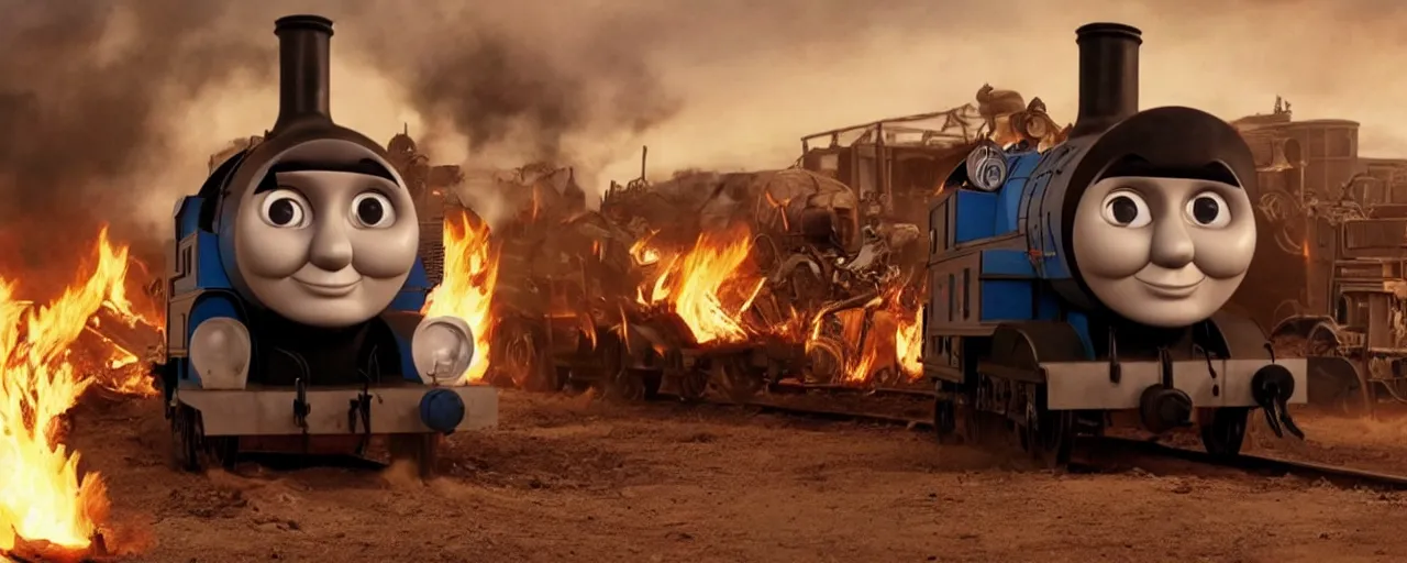 Image similar to Thomas the Tank Engine with fire in MAD MAX: FURY ROAD