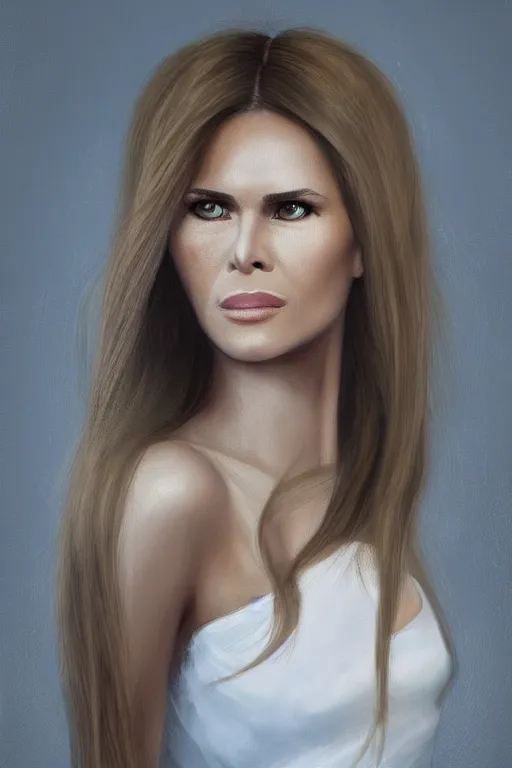 Image similar to portrait of a mix of young maria shriver, mariel hemmingway, melania trump and elle macpherson as an angel, thin lips, hair tied up in a pony tail, white, vine, artstation, cgsociety