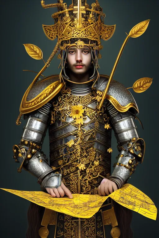 Image similar to hyperdetailed matte illustration of a knight wearing an ornate gold headpiece and holding a flower with a map of the collective subconscious in the background by octane render