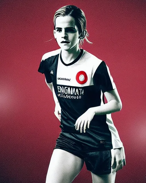 Image similar to a portrait of emma watson as a lokomotiv football player, hyper realistic