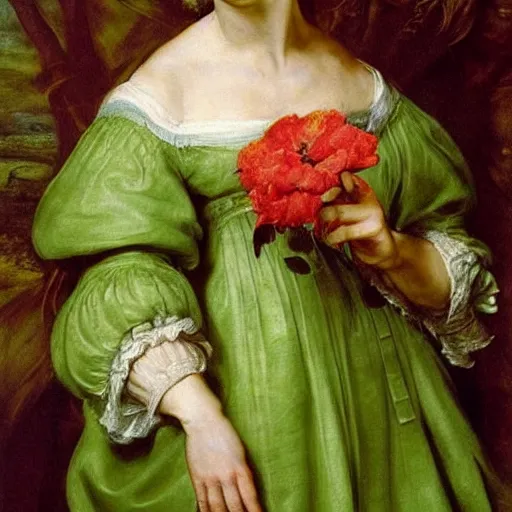 Image similar to Emma Watson wearing green tunic holding a flower. Painted by Rubens, high detail