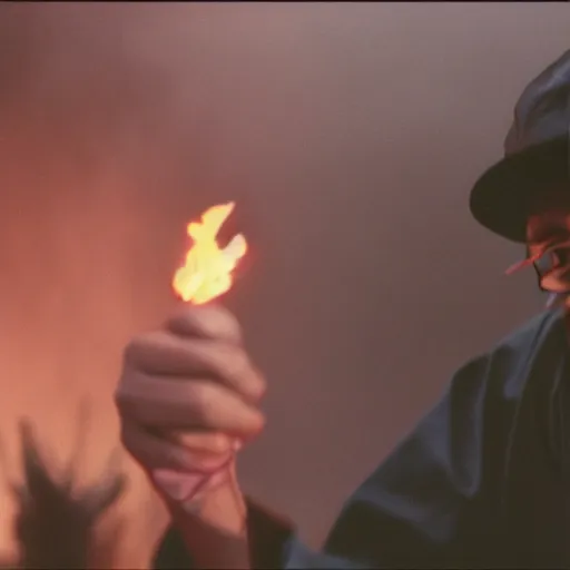 Image similar to cinematic film still of rapper JID starring as a Japanese Sensei with fire, Japanese CGI, VFX, 2003, 40mm lens, shallow depth of field, film photography