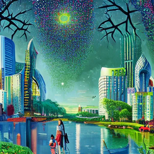 Image similar to Beautiful city of the future in harmony with nature. Beautiful detailed painting by Lurid. (2022)