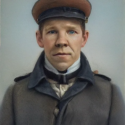 Prompt: thirty years old Lee Evans as a ((sad)) 19th century, eastern european postman (without bead and without mustache). detailed, soft focus, interesting lights, realistic, higher contrasts, afternoon lights, hyperdetailed, oil canvas, character concept art by Munkácsy Mihály, Hollósy Simon, Csók István, John Everett Millais, Henry Meynell Rheam, and da Vinci