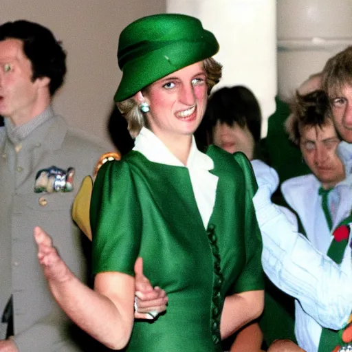 Prompt: princess diana abducted by green aliens in a ufo