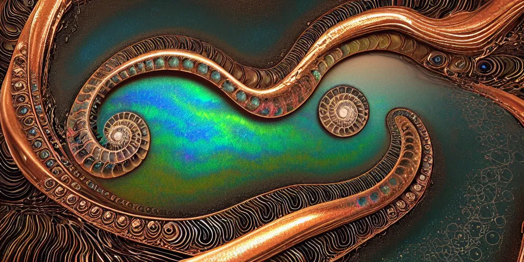 Image similar to cinematic landscape, art nouveau cresting oil slick waves, ammonite, bubbles in a shiny iridescent oil slick wave, black opals, ornate copper patina art nouveau spiral ornament, rococo, organic rippling spirals, hyperdetailed photorealistic ultrasharp octane render