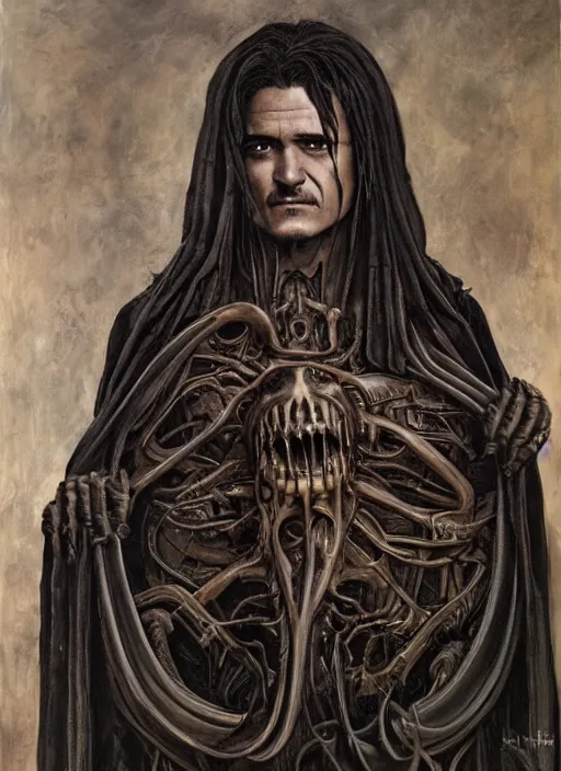 Prompt: orlando bloom, necronom v, painting by h. r. giger