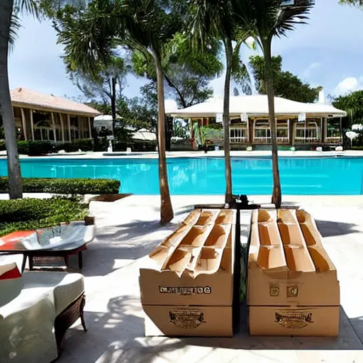 Prompt: “ cardboard boxes full of papers by the pool at the florida country club mar a lago, news photo, ap ”