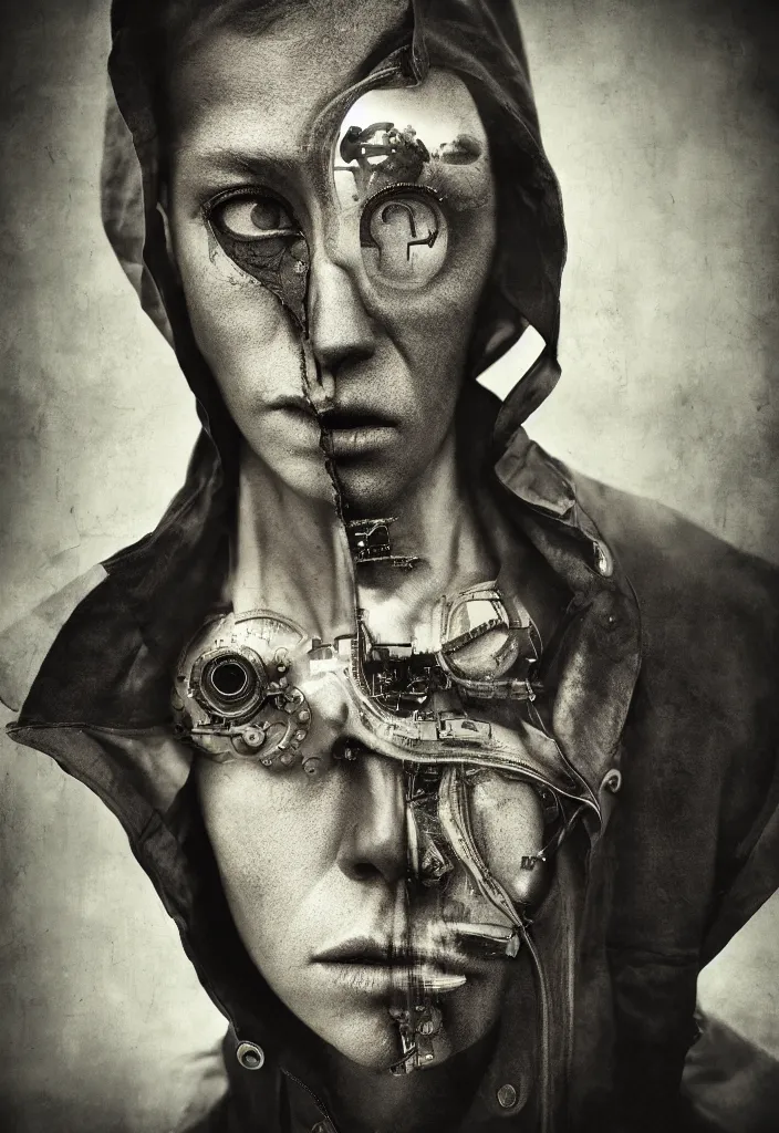 Prompt: full frame steampunk hybrid organic zipped face, by lee jeffries, gelatin silver process photo, erik johansson,