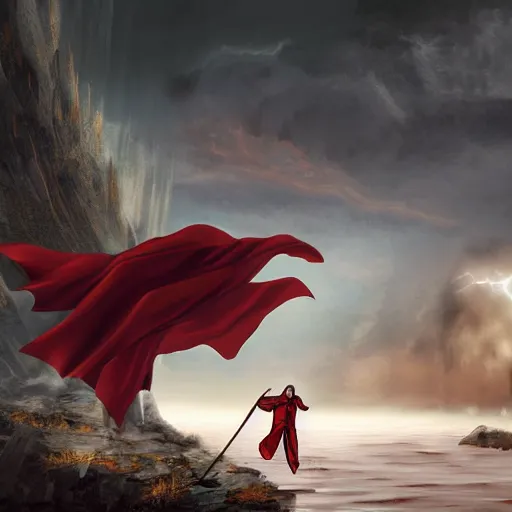 Image similar to dracula fighting jesus, digital art, highly detailed, epic composition, cinematic lightning