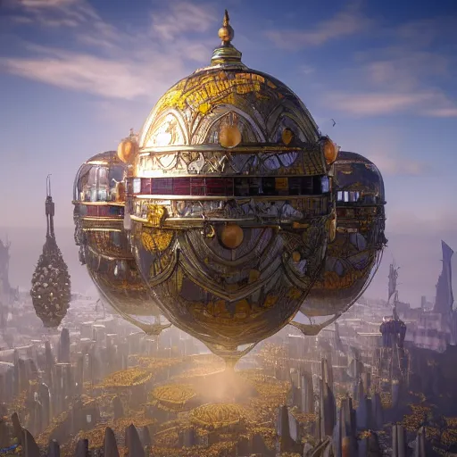 Image similar to enormous flying city in a faberge egg, sky, steampunk, fantasy art, masterpiece, unreal engine