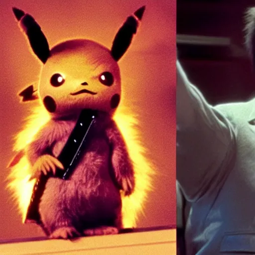 Image similar to Jack Nicholson plays Terminato and he shoots Pikachu, yellow fur explodes