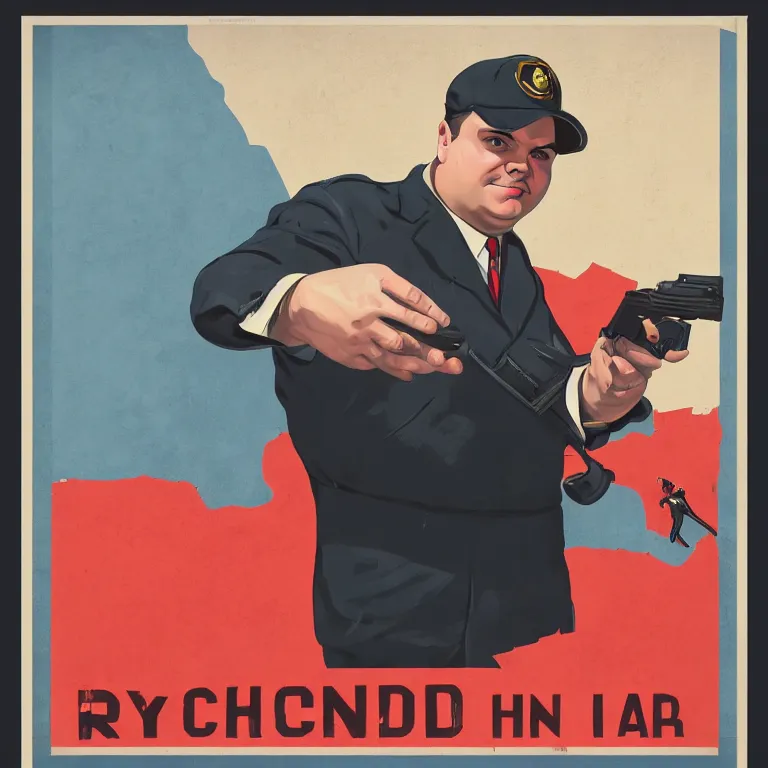 Prompt: propaganda poster rich evans holding a luger, 8 k, trending on artstation