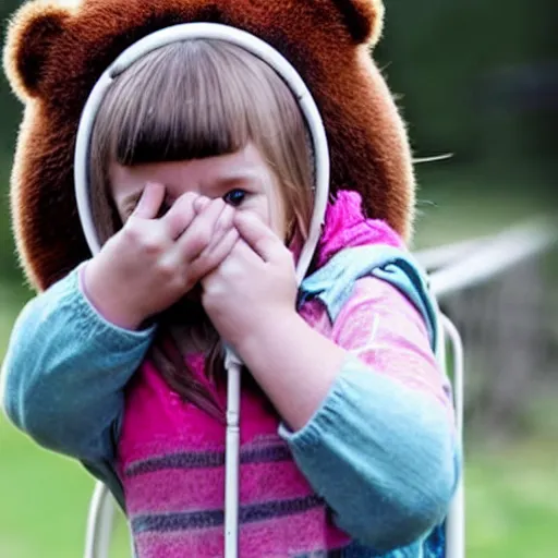 Prompt: photograph of a little girl being frightened of a bear trap