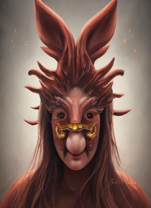 Image similar to a beautiful detailed oil on copper art illustration of a japanese tengu mask with big nose devil woman, centered, by charlie bowater, zeng fanzh, trending on artstation, dim dusk lighting, cinematic lighting, detailed lighting, volumetric lighting, realistic, f 8, 4 k hd wallpaper