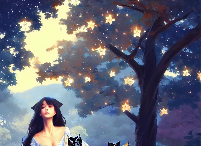 Image similar to multiple cats behind a beautiful tree full of falling perals, night setting with stars. realistic shaded lighting poster by ilya kuvshinov katsuhiro, magali villeneuve, artgerm, jeremy lipkin and michael garmash, rob rey and kentaro miura style, trending on art station