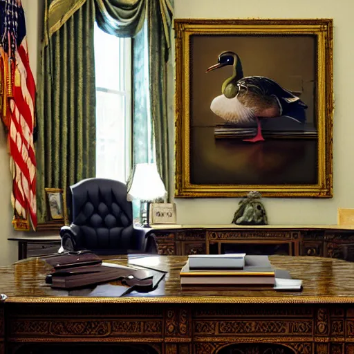 Prompt: hyperrealistic mixed media image of a duck standing in the desk in the oval office, stunning 3 d render inspired art by istvan sandorfi and greg rutkowski, perfect facial symmetry, realistic, highly detailed attributes and atmosphere, dim volumetric cinematic lighting, 8 k octane extremely hyper - detailed render, post - processing, masterpiece,