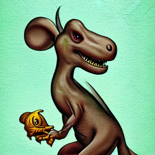 Image similar to dinosaur mouse, scary pose, retro painting