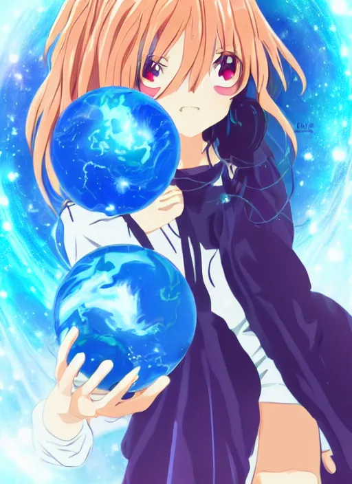 Prompt: an anime in outer space holding a small blue planet in her hands, no other planets, digital art, anime