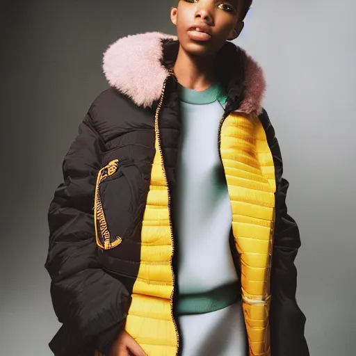 Image similar to realistic photoshooting for a new balenciaga lookbook, color film photography, portrait of a beautiful woman, model is wearing a multi layered puffer jacket, photo in style of tyler mitchell, 3 5 mm,