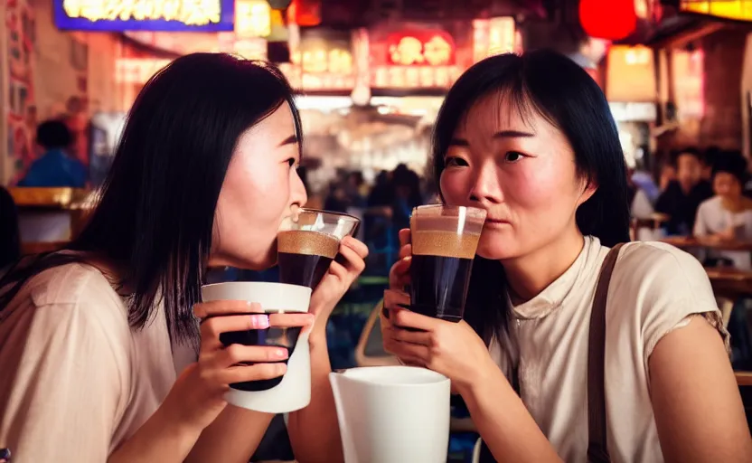 Image similar to cinestill 5 0 d photographic portrait of two android women sharing a drink at a cafe in cyberpunk china, extreme closeup, modern cyberpunk, dust storm, 8 k, hd, high resolution, 3 5 mm, f / 3 2, ultra realistic faces, intricate detail, ex machina