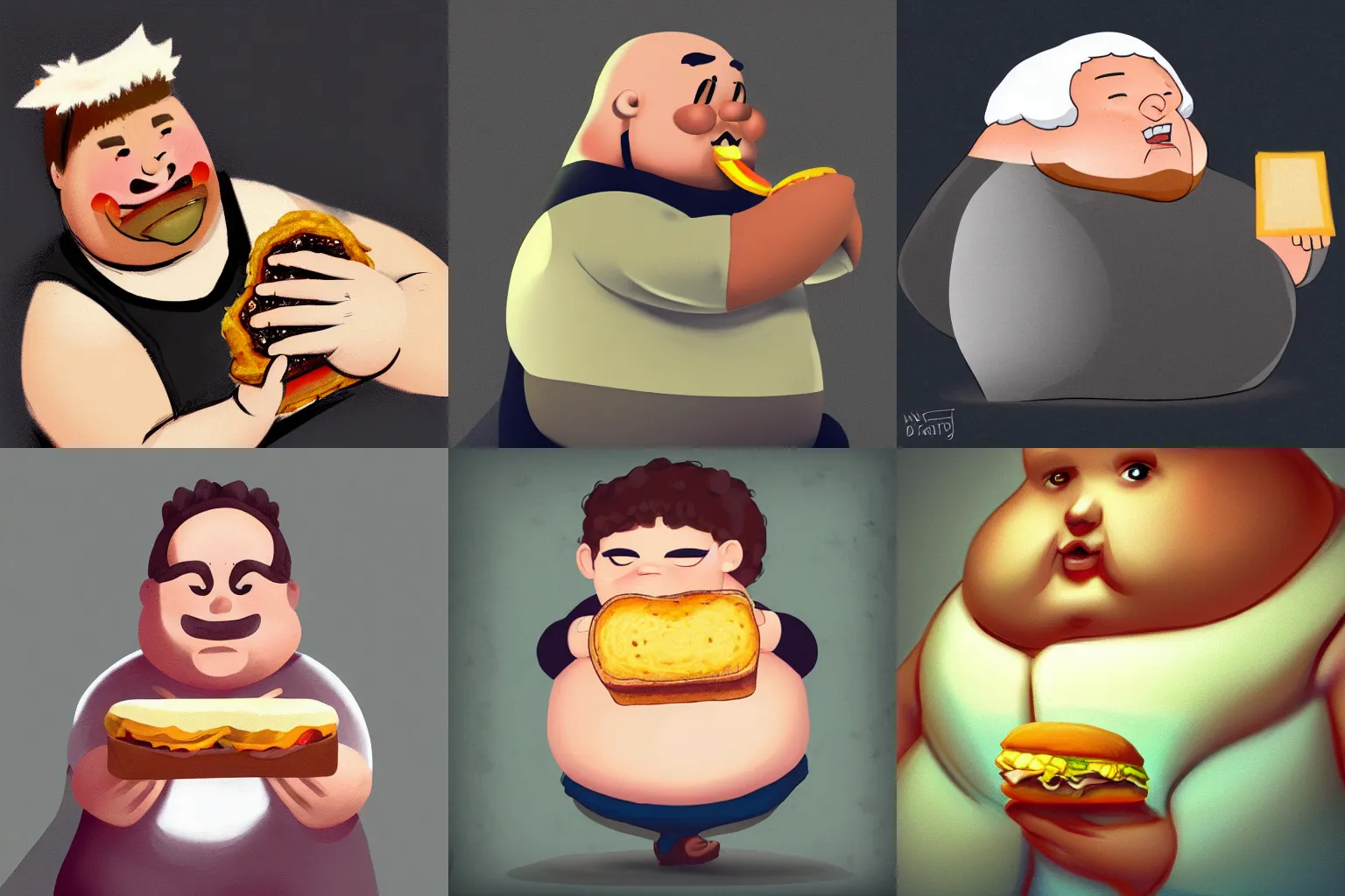 Prompt: a fat man holding a tiny sandwich, digital painting masterpiece trending on pixiv and artstation