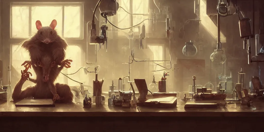 Image similar to humanoid rat in a laboratory sitting at a desk with lots of flasks filled with magic liquids and poisonous fog, stephen bliss, unreal engine, fantasy art by greg rutkowski, loish, rhads, ferdinand knab, ilya kuvshinov, rossdraws, tom bagshaw, global illumination, radiant soft light, detailed and intricate environment