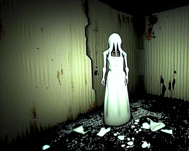 Image similar to creepy mangled woman wearing white dress standing in the backrooms, playable trailer, psychological horror, the eerie forlorn atmosphere of a place that's usually bustling with people but is now abandoned and quiet, buzzing fluorescent lights above the ceiling, unsettling images, liminal space, dark, silent hills, created by hideo kojima