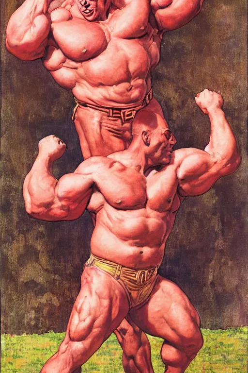 Image similar to full body portrait of morgan aste as huge pink hulk wearing trousers, simple background, painted by jack kirby, lawrence alma tadema, norman rockwell, greg staples, wayne barlow, jacob collins, tom lovell, frank schoonover, neville page