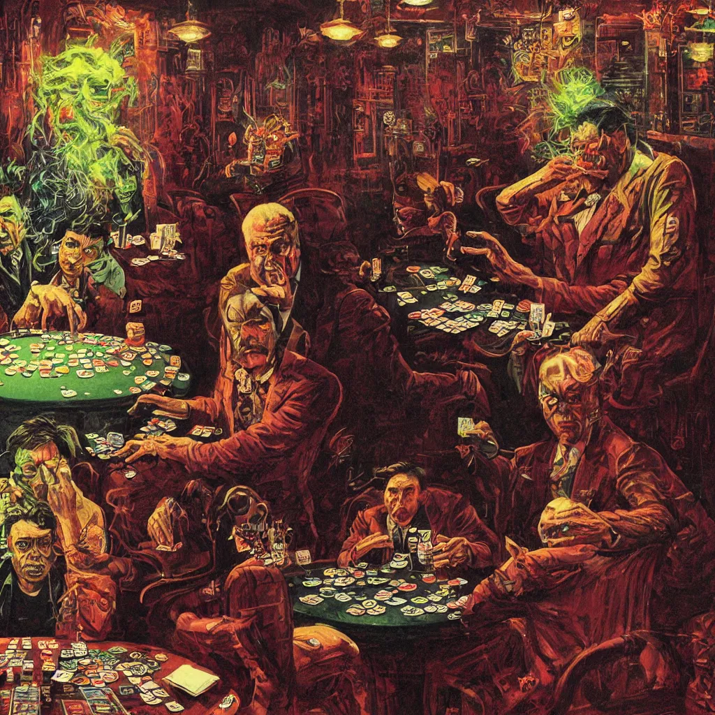 Prompt: portrait of bill hicks playing poker and smoking, vivid colors, perfect faces, in the art style of virgil finlay, paul lehr, frank kelly freas, wayne barlowe, bob pepper, wally wood, moebius, h. r. giger, frank frazetta, richard m. powers. digital art, concept render.