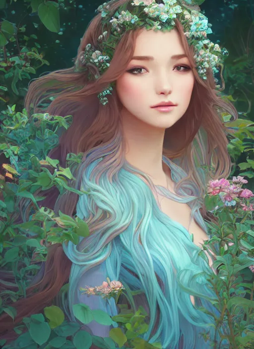 Image similar to beautiful girl with long turqoise hair in a garden, cute, intricate, highly detailed, digital painting, trending on artstation, concept art, smooth, sharp focus, backlit, rim light, vivid colors, illustration, unreal engine 5, 8 k, art by rossdraws and alphonse mucha