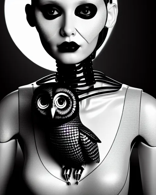Image similar to surreal mythical dreamy dark artistic black and white fine art 3 / 4 portrait photo of a young delicate female robot with orchid - owl face, rim light, cinematic, studio dramatic light, poetic, octane render, 8 k, photo - realistic by hg giger