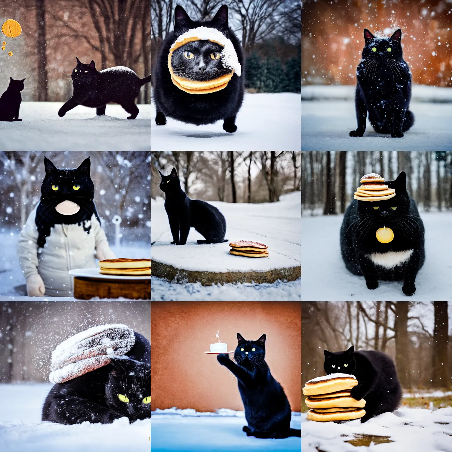 Prompt: fat black cat with pancake on head in Minnesota winter, wearing jacket, surreal, photography, focus