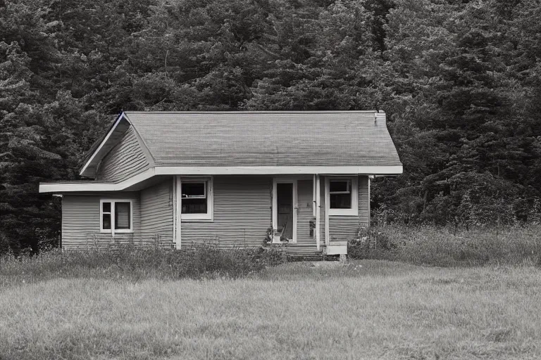 Prompt: a solitary 1 9 6 0 s bungalow style cottage near raven lake, on the outskirts of halifax, ns. hd photography, realistic, inspired by gregory crewdson.