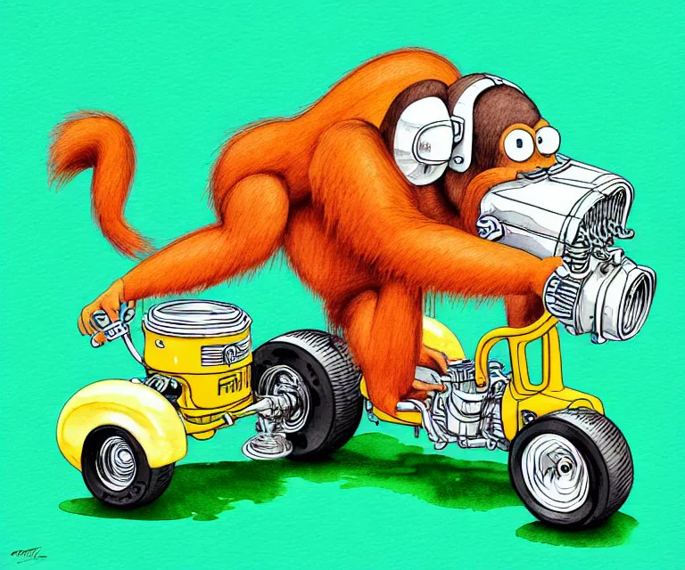 Prompt: cute and funny, orangutan wearing a helmet riding in a tiny hot rod with oversized engine | ratfink style by ed roth, centered award winning watercolor pen illustration, isometric illustration by chihiro iwasaki, edited by range murata, tiny details by artgerm, symmetrically isometrically centered