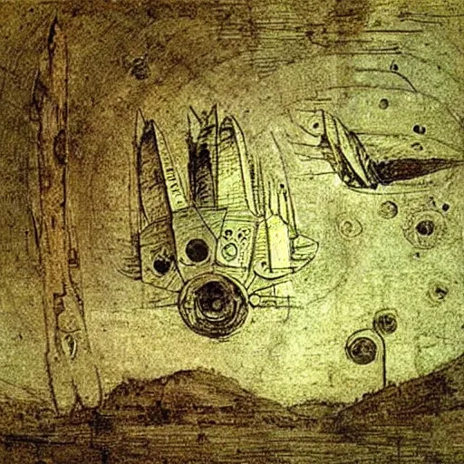 Image similar to a spaceship concept design by leonardo davinci.