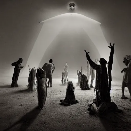 Prompt: an indigenous crowd of spiritual healers, shadows coming from dust mountain of shaman bodies in sandstorm, under abduction light portal, thunder time machine portal, joel peter witkin, sebastiao salgado