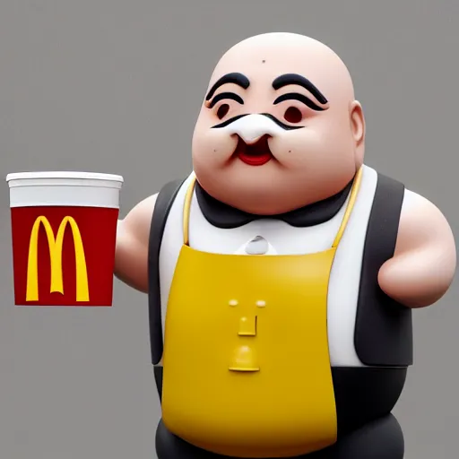 Image similar to Budai working at McDonalds, photography, 8K