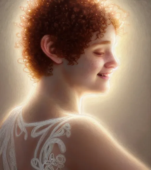 Image similar to portrait of teenage aphrodite, light freckles, curly copper colored hair, smiling kindly, wearing an embroidered white linen dress, lace neckline, intricate, elegant, mother of pearl jewelry, glowing lights, highly detailed, digital painting, artstation, concept art, smooth, sharp focus, illustration, art by wlop, mucha, artgerm, and greg rutkowski