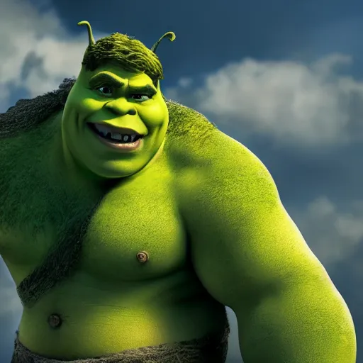 Prompt: shrek as the hulk, wide shot, dramatic lighting, octane render, hyperrealistic, high quality, HD, cinematic