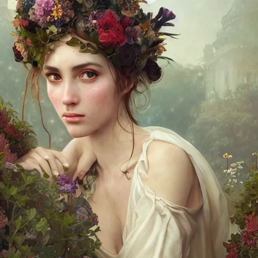 Prompt: baroque portrait of a steampunk bohemian nature nymph in a simple dress with floral decoration, cinematic lighting, photorealistic, octane render, 8 k, depth of field, 3 d, art by artgerm and greg rutkowski and alphonse mucha and uang guangjian