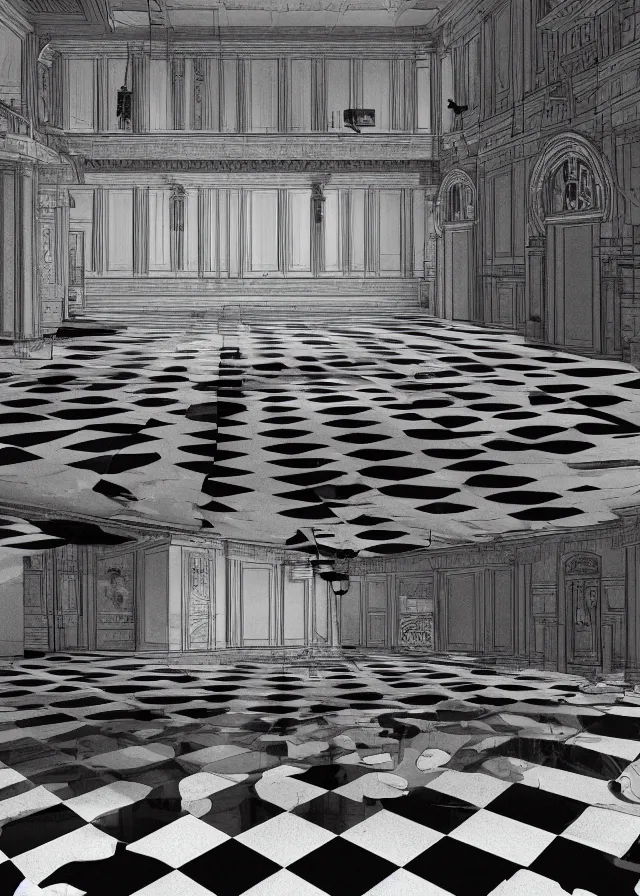 Image similar to interior of a masonic temple, black and white checkered floor, concept art, detailed, 4k, artstation