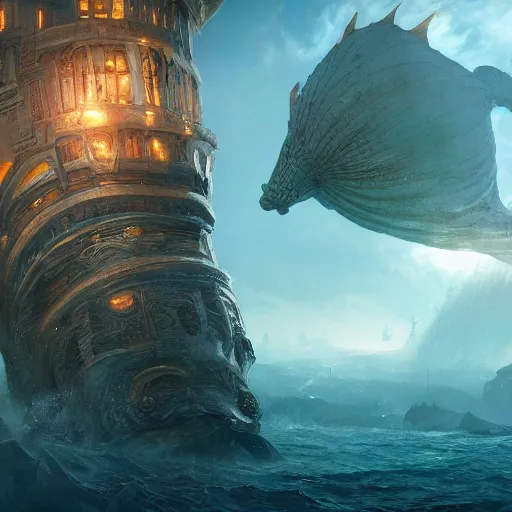 Image similar to a mermaid looking at a giant seahorse above the city of atlantis, by Cedric Peyravernay, highly detailed, excellent composition, cinematic concept art, dramatic lighting, trending on ArtStation