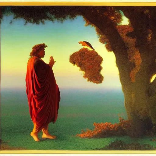 Prompt: The Prince of Birds, by Maxvield Parrish and Elihu Vedder