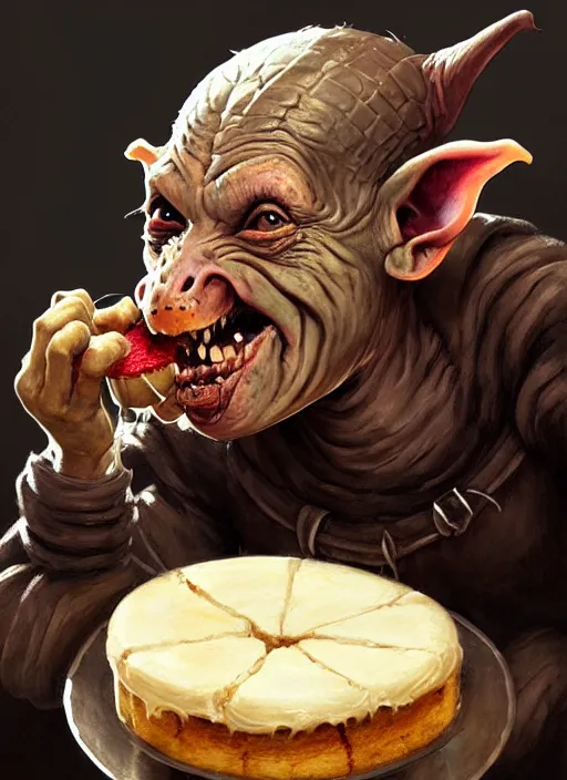 Image similar to portrait of a medieval goblin eating cakes, beautiful face, hyper realistic, highly detailed, digital painting, artstation, illustration, concept art by hyung tae and frank frazetta, digital paint, matte paint, washed colors, dark, gloomy