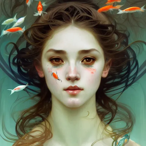 Image similar to Portrait of a girl surrounded by Koi fish, face, fantasy, intricate, elegant, highly detailed, digital painting, artstation, concept art, smooth, sharp focus, illustration, art by Krenz Cushart and Artem Demura and alphonse mucha